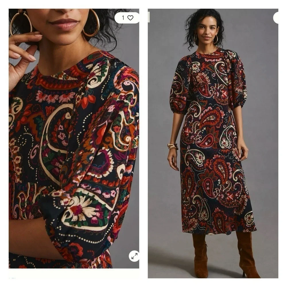 KACHEL x Anthropologie Paisley Puff Sleeve Midi Dress XS NWT Fall Boho - Picture 2 of 15